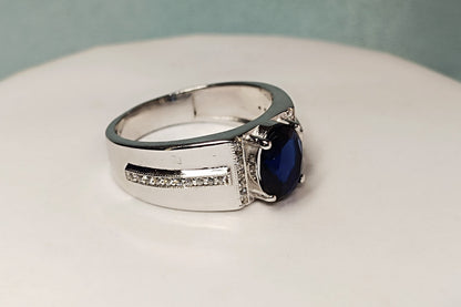 RKC 1.5 Ct Oval Cut Blue Sapphire Men's Engagement Rings 14k White Gold Plated 925 Sterling Silver