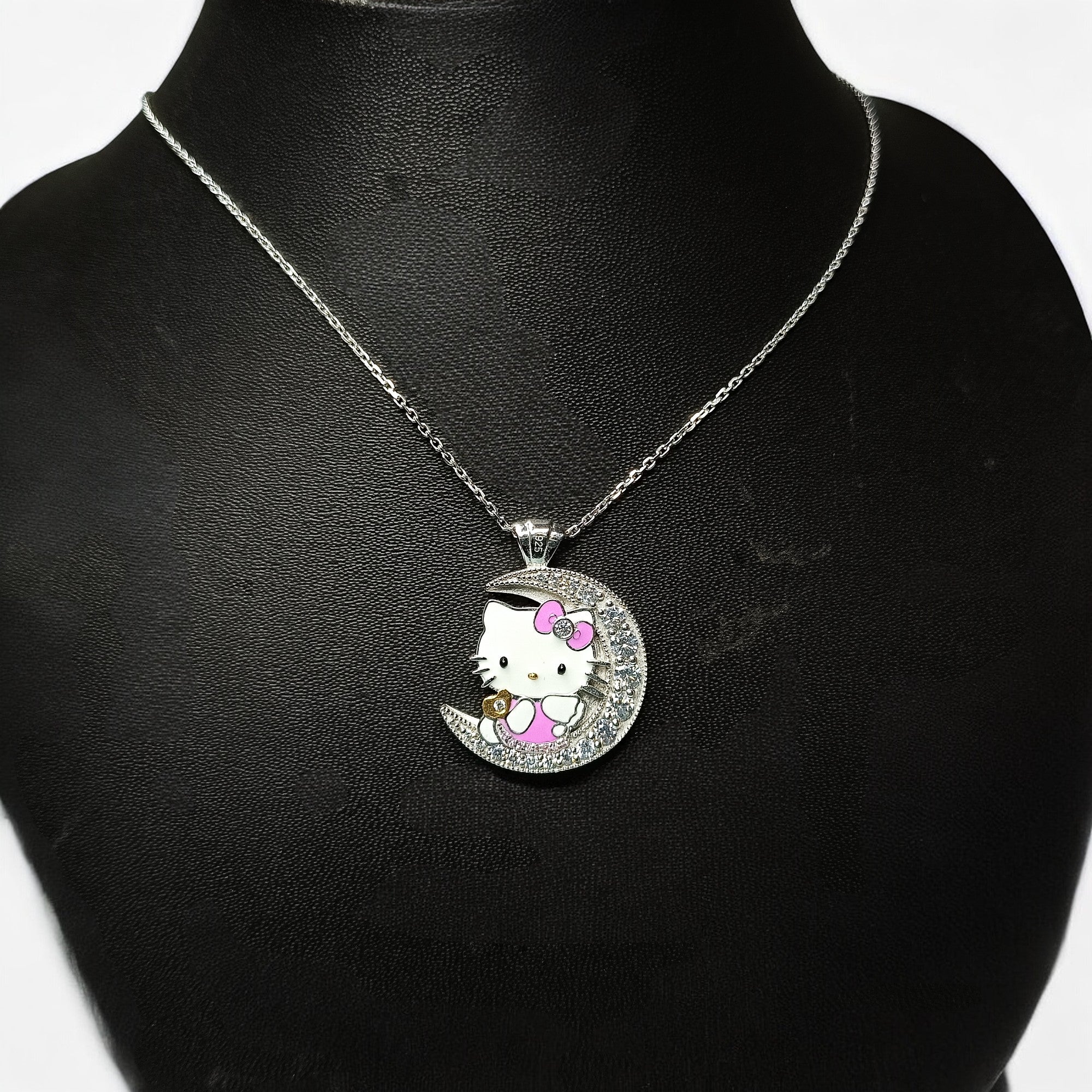 RKC 925 Silber Starlight 1,10 ct Moissanit Shine Kitty Anhänger 14K Weißgold plattiert, Gewicht 10 g, Höhe 24 mm