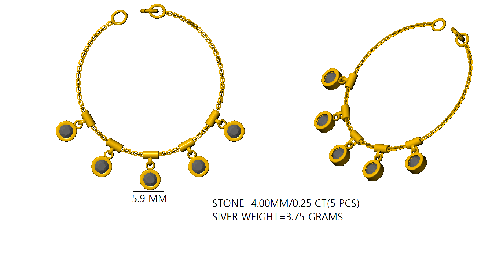 RKC 925 Sterling Silber 1,25 Karat Moissanit runder Charm-Damen-Armband, 14 Karat Gelbgold vergoldet, Gewicht 3,75 g