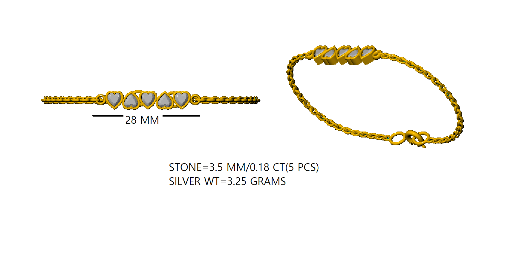 RKC 925 Sterling Silber 0,9 Karat Herzschliff-Moissanit-Damenarmband aus 14 Karat Gelbgold mit Liebesherz, Gewicht 3,25 g