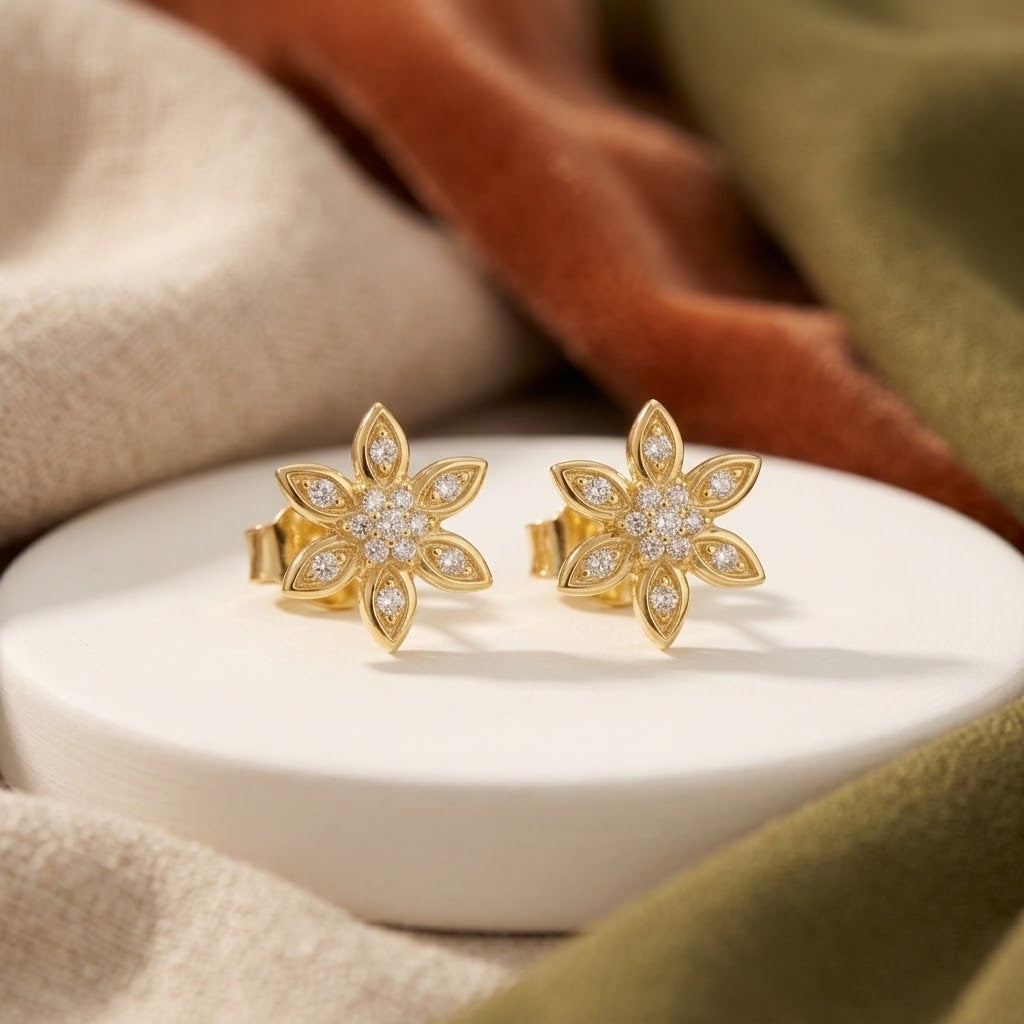 925 Silver Moissanite Flower Shaped Stud Earrings – 14K Gold Plated
