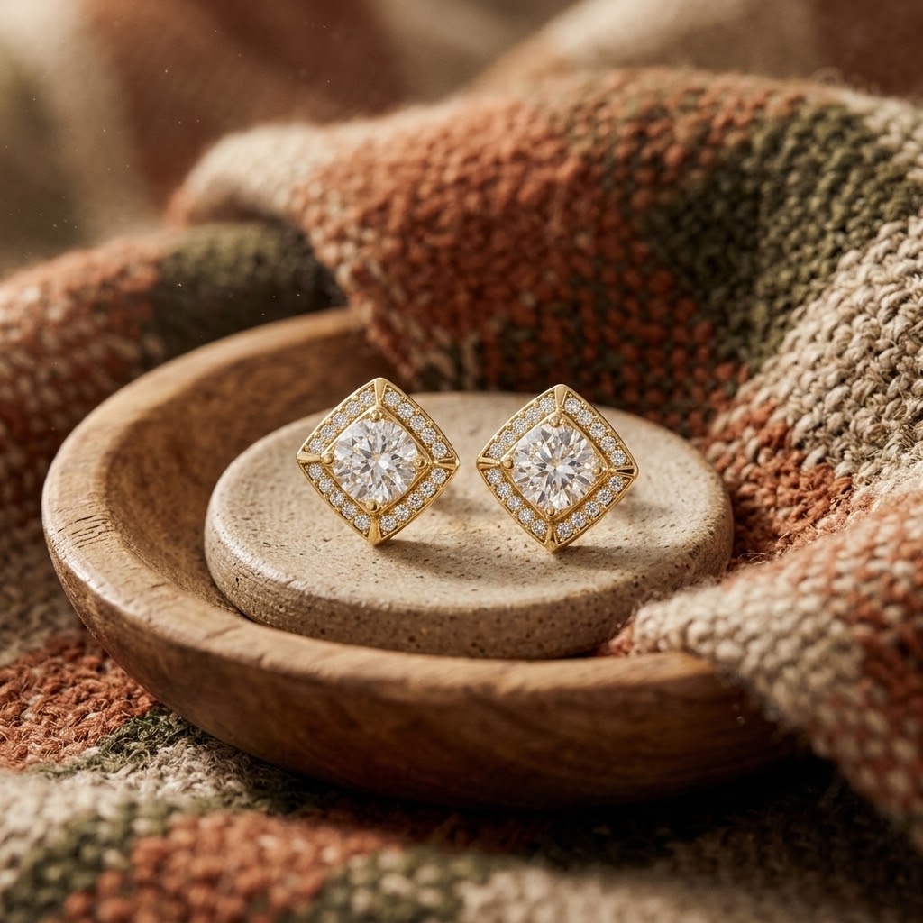 925 Silver Round Moissanite Geometric Diamond Halo Stud Earrings – 14K Gold Plated