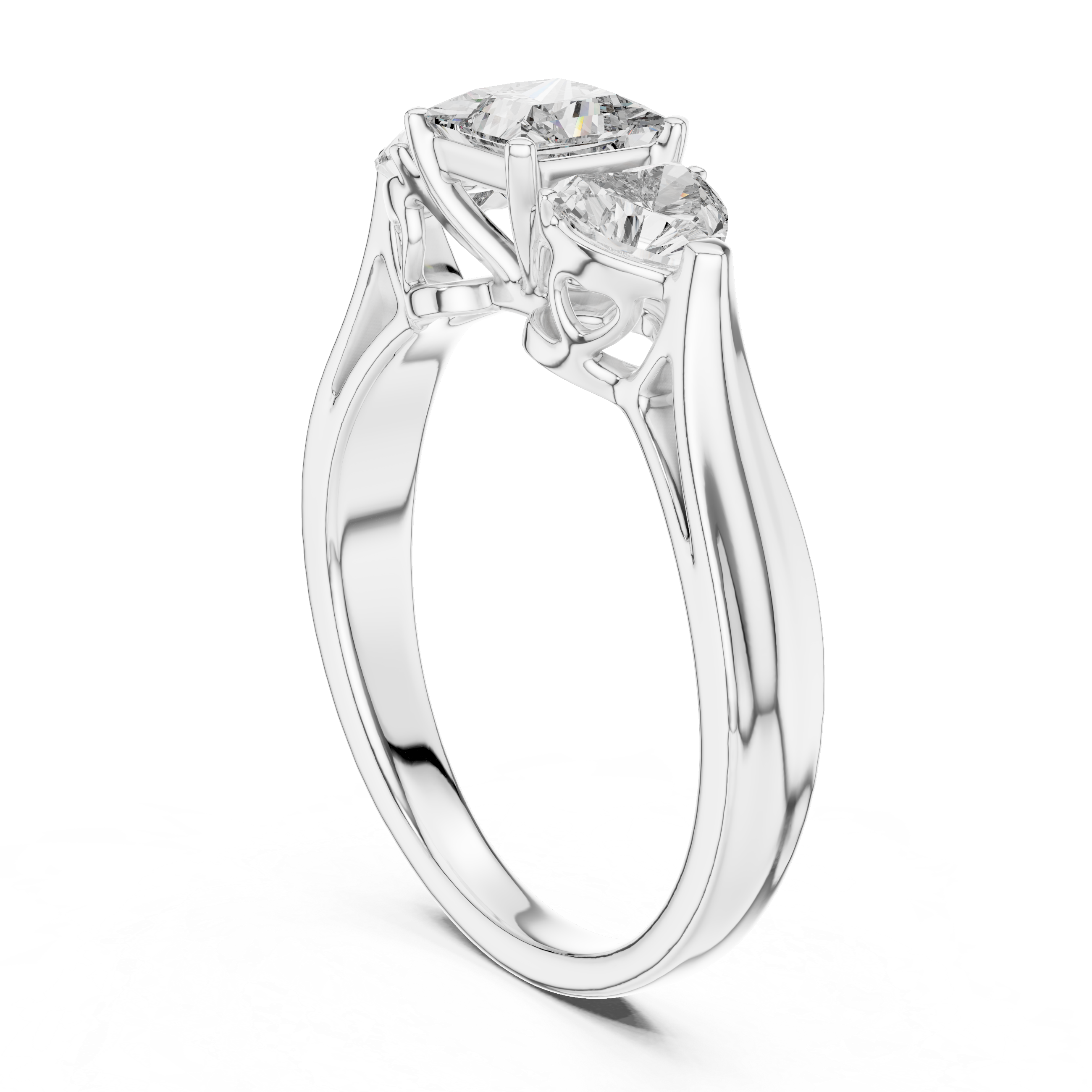 925 Silver Princess & Heart Cut Moissanite Three-Stone Engagement Ring – 14K Gold Plated