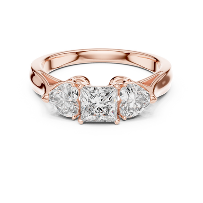 925 Silver Princess & Heart Cut Moissanite Three-Stone Engagement Ring – 14K Gold Plated