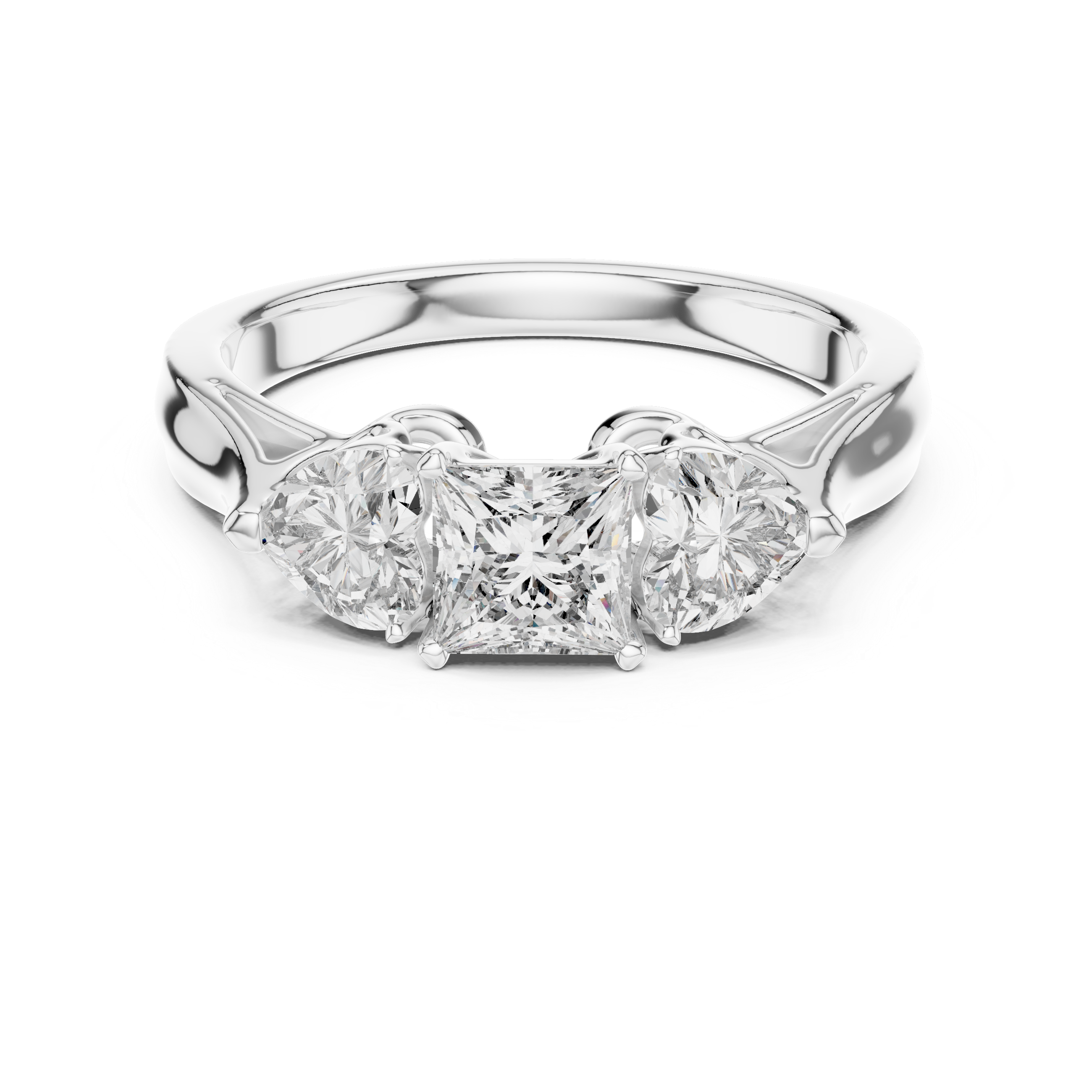 925 Silver Princess & Heart Cut Moissanite Three-Stone Engagement Ring – 14K Gold Plated