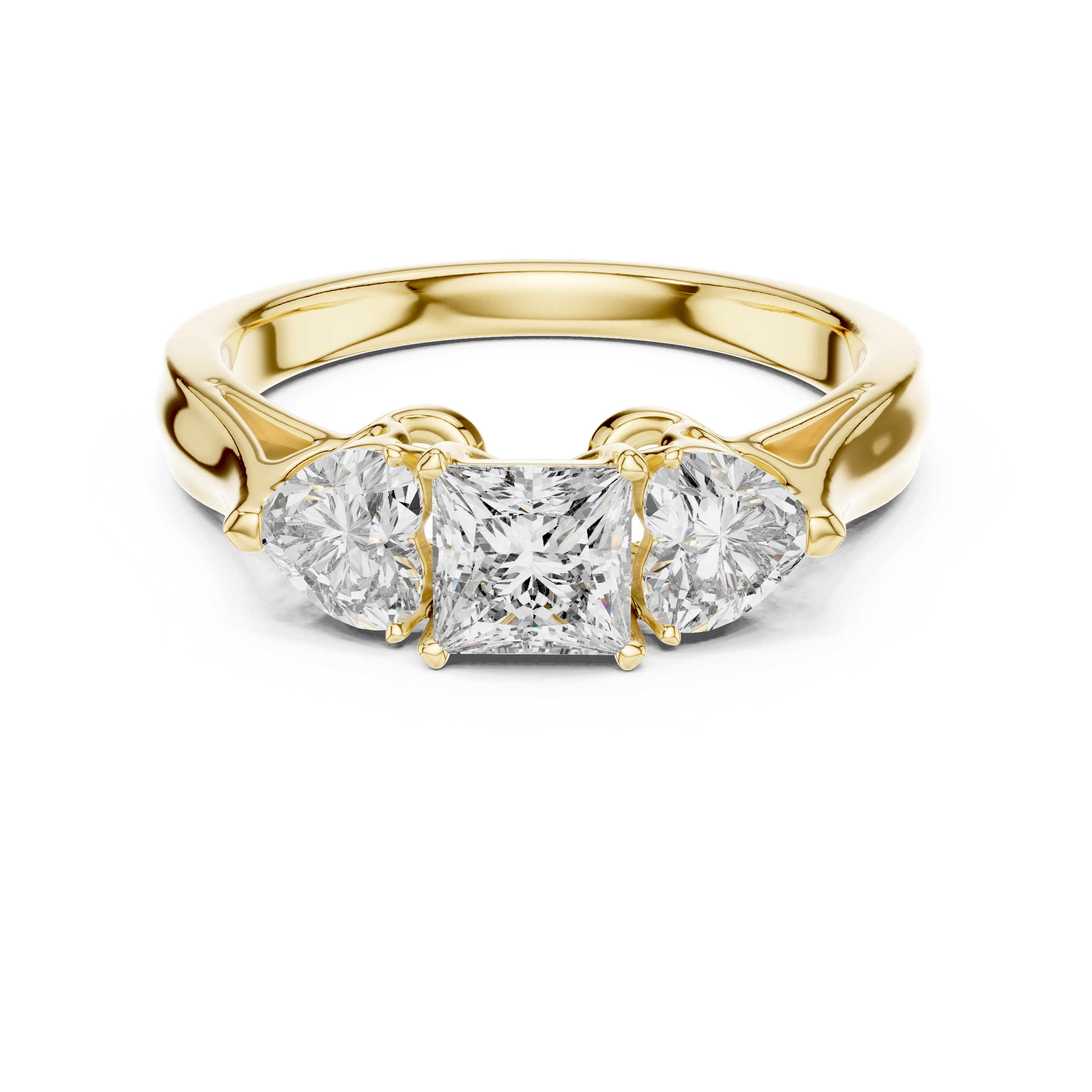 925 Silver Princess & Heart Cut Moissanite Three-Stone Engagement Ring – 14K Gold Plated