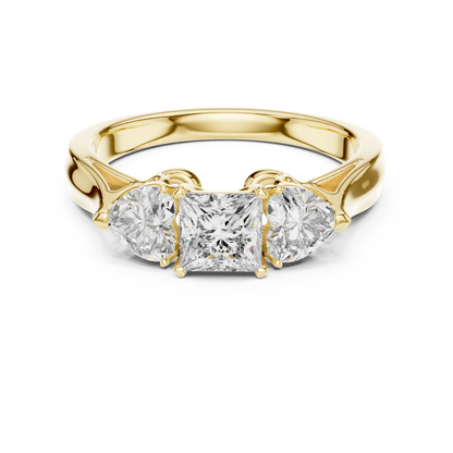 925 Silver Princess & Heart Cut Moissanite Three-Stone Engagement Ring – 14K Gold Plated