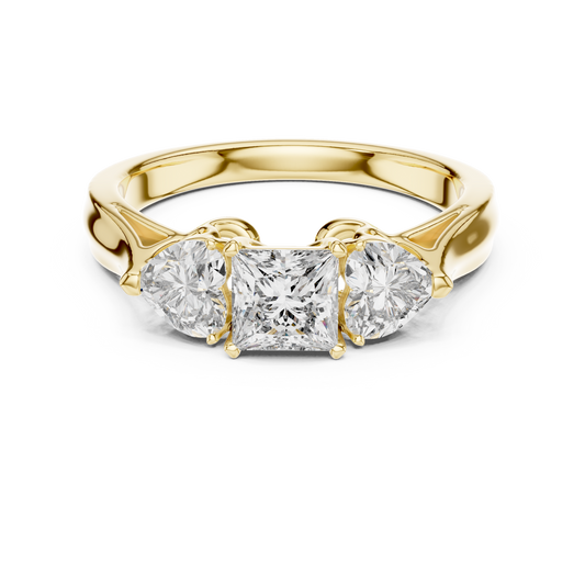 925 Silver Princess & Heart Cut Moissanite Three-Stone Engagement Ring – 14K Gold Plated