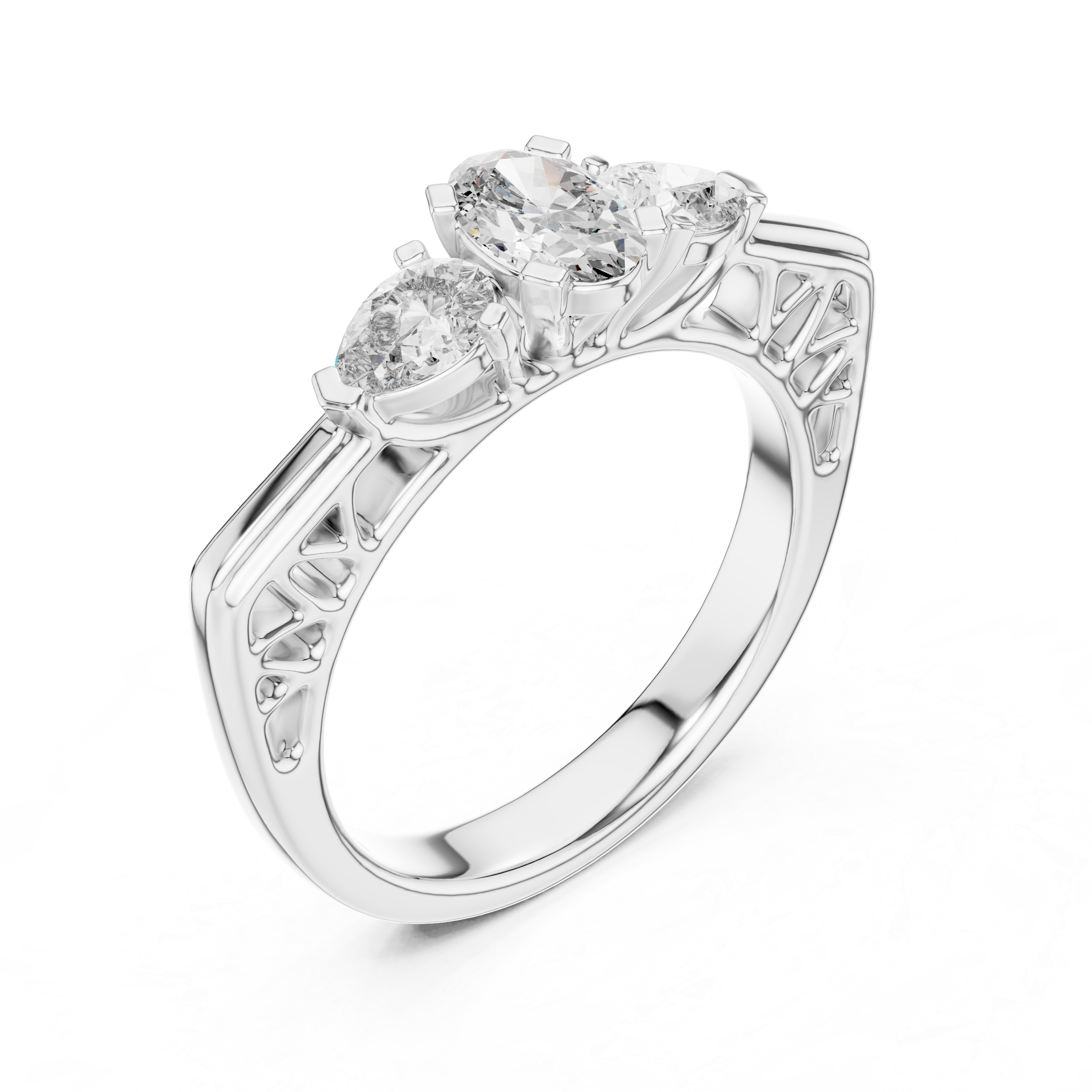 925 Silver Three Stone Oval & Pear Cut Trilogy Engagement Ring 14k Gold Plated