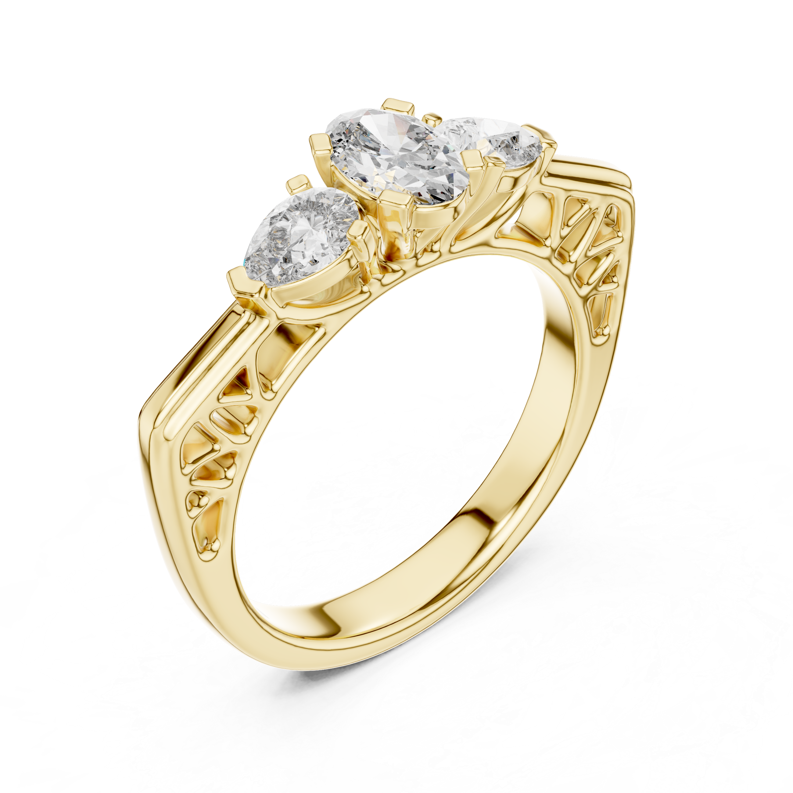 925 Silver Three Stone Oval & Pear Cut Trilogy Engagement Ring 14k Gold Plated