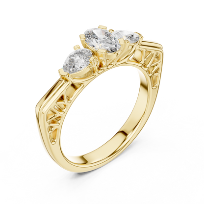 925 Silver Three Stone Oval & Pear Cut Trilogy Engagement Ring 14k Gold Plated