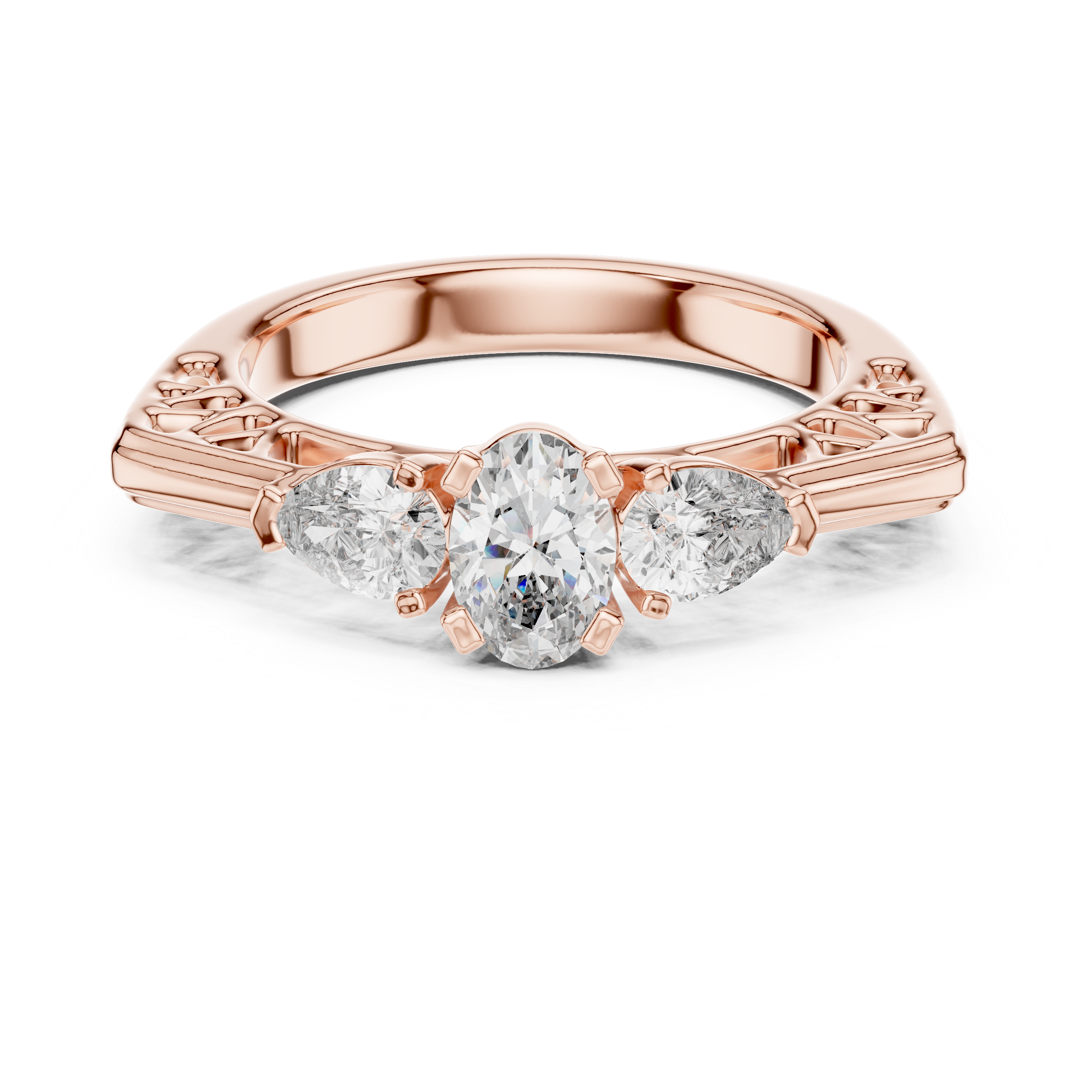 925 Silver Three Stone Oval & Pear Cut Trilogy Engagement Ring 14k Gold Plated