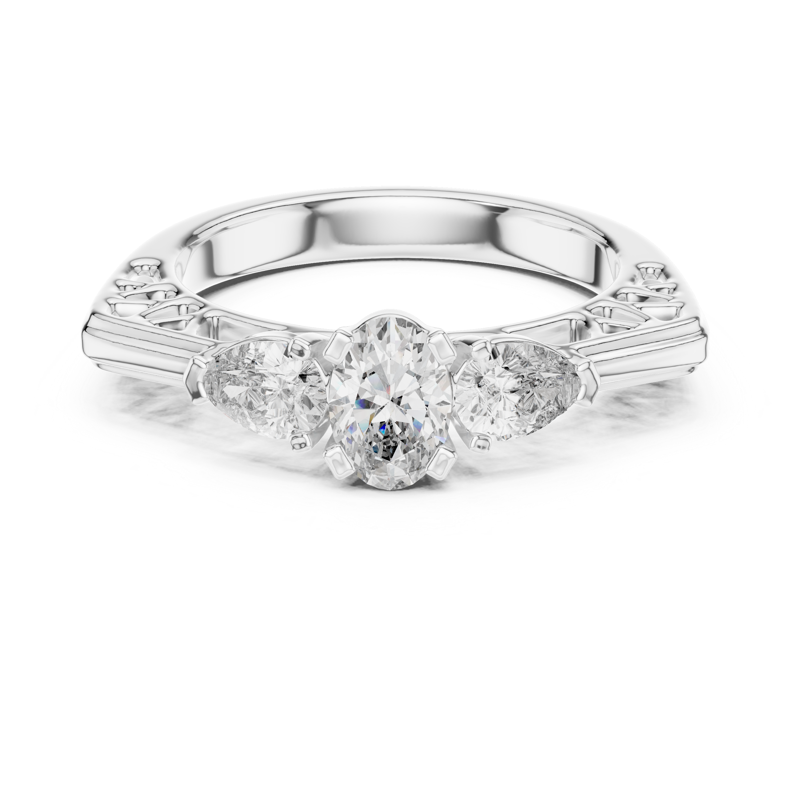 925 Silver Three Stone Oval & Pear Cut Trilogy Engagement Ring 14k Gold Plated