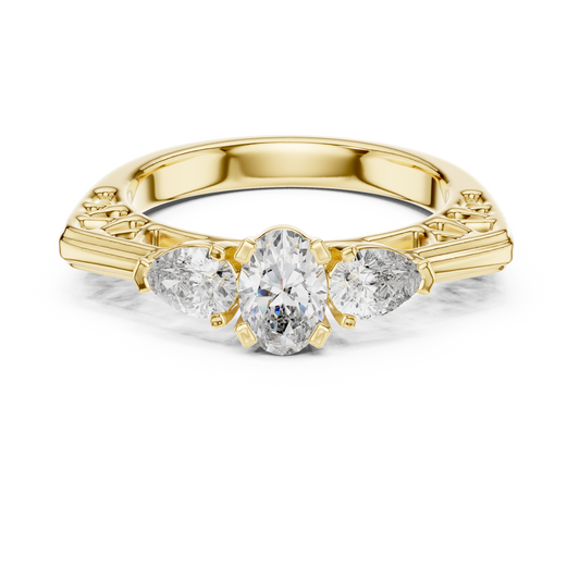 925 Silver Three Stone Oval & Pear Cut Trilogy Engagement Ring 14k Gold Plated