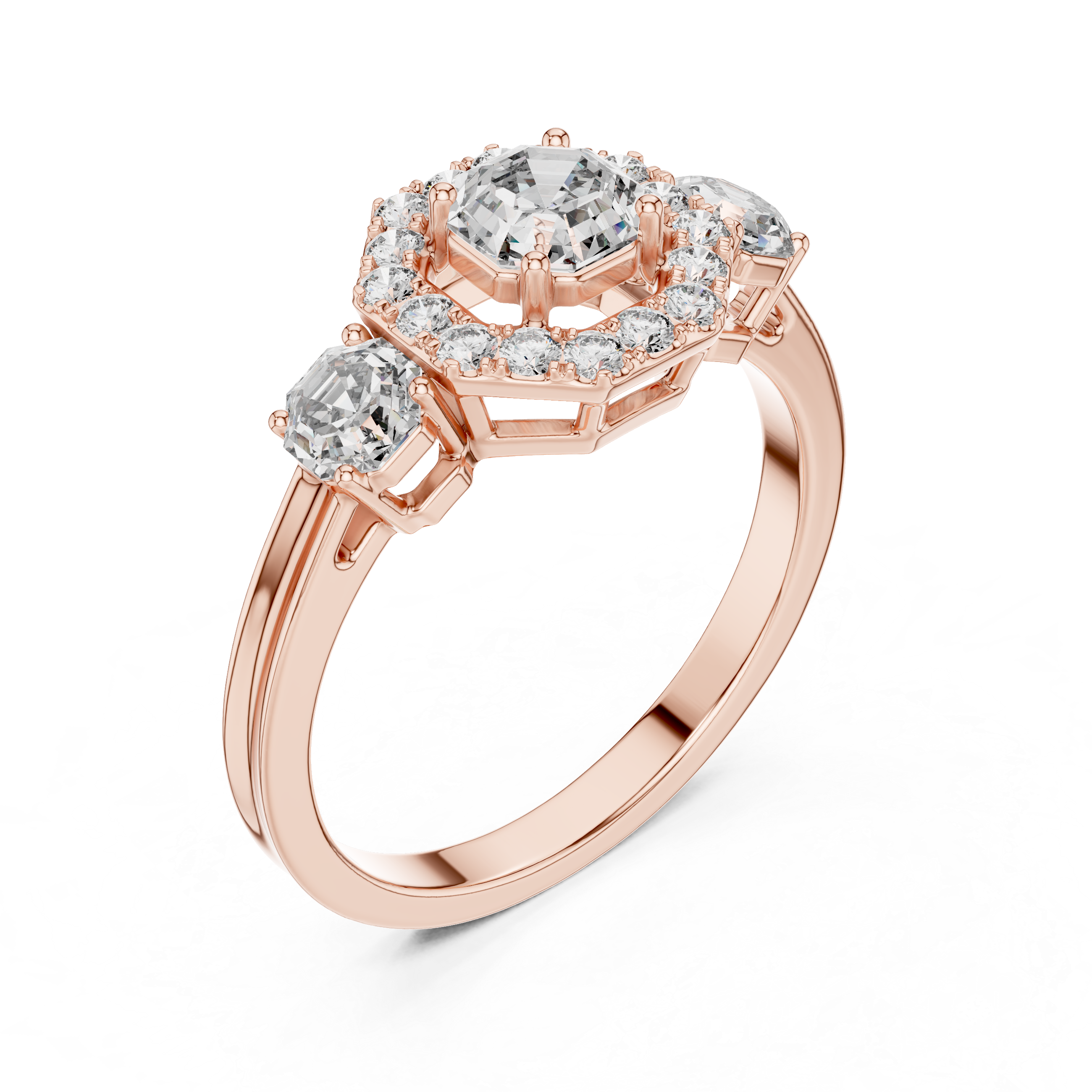 925 Silver Moissanite Three-Stone Halo Engagement Ring 14K Gold Plated