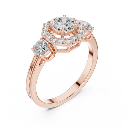 925 Silver Moissanite Three-Stone Halo Engagement Ring 14K Gold Plated
