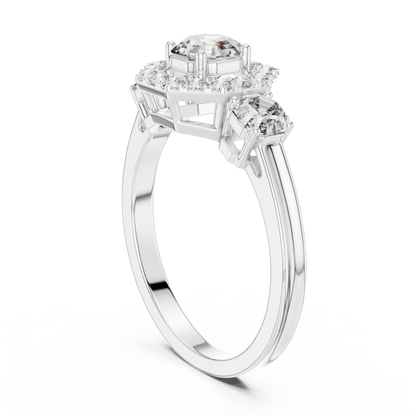 925 Silver Moissanite Three-Stone Halo Engagement Ring 14K Gold Plated
