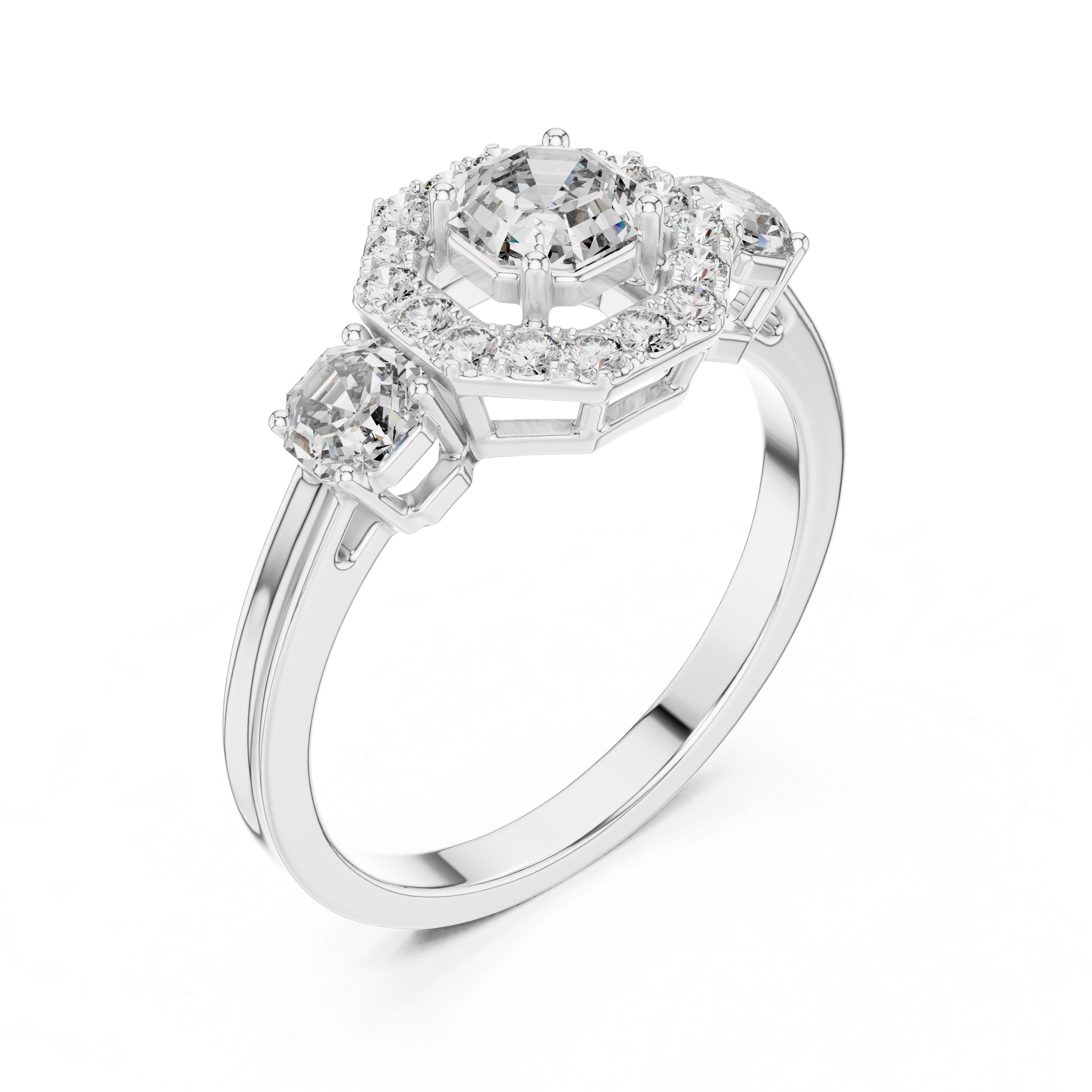 925 Silver Moissanite Three-Stone Halo Engagement Ring 14K Gold Plated