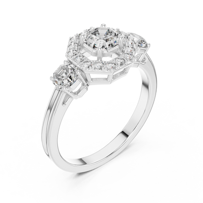 925 Silver Moissanite Three-Stone Halo Engagement Ring 14K Gold Plated