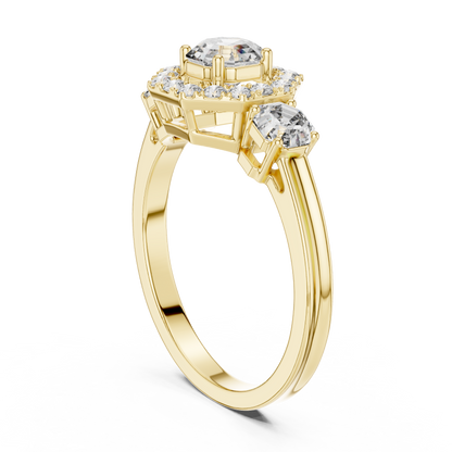 925 Silver Moissanite Three-Stone Halo Engagement Ring 14K Gold Plated