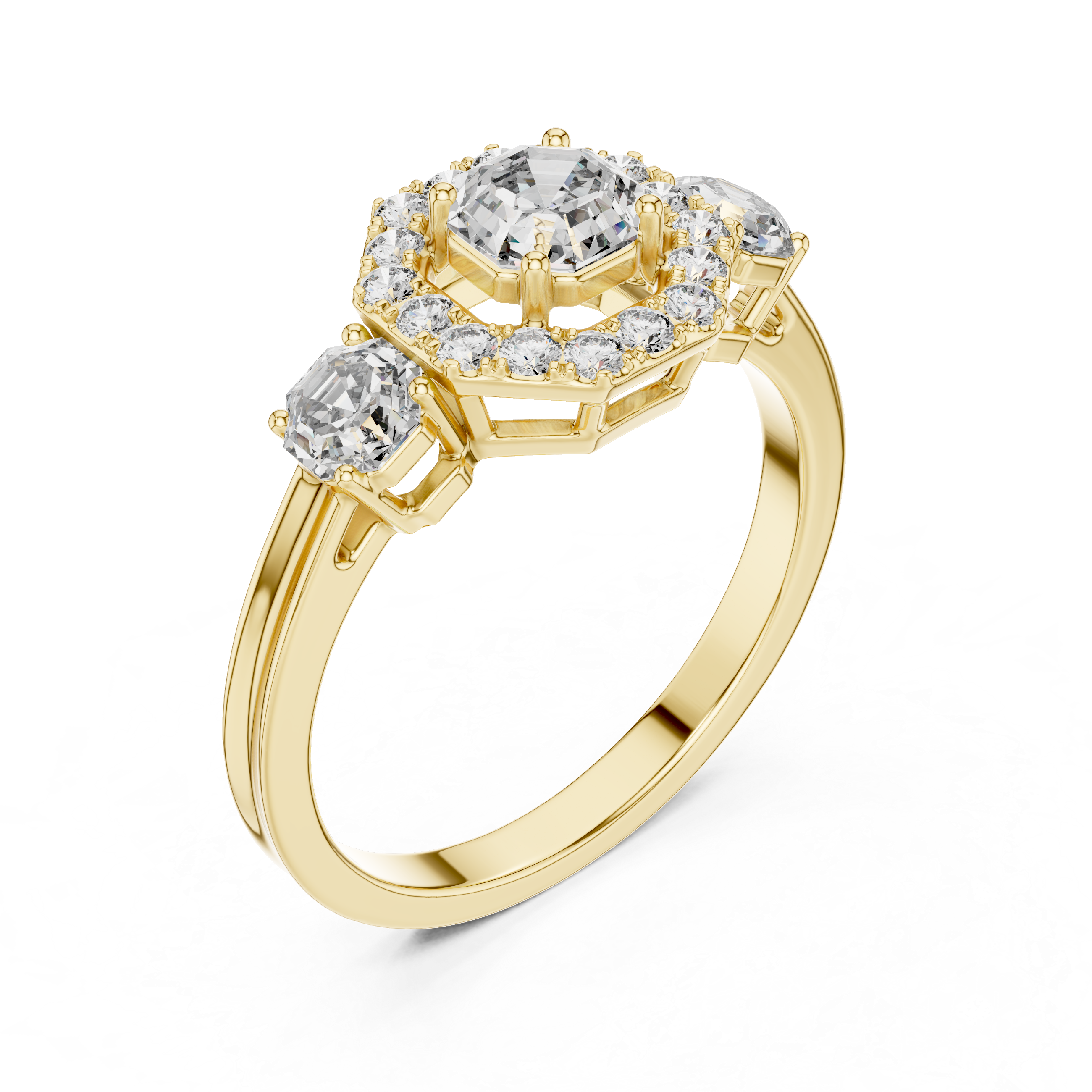 925 Silver Moissanite Three-Stone Halo Engagement Ring 14K Gold Plated