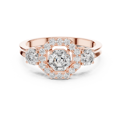 925 Silver Moissanite Three-Stone Halo Engagement Ring 14K Gold Plated