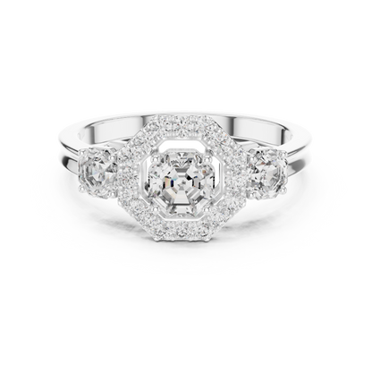 925 Silver Moissanite Three-Stone Halo Engagement Ring 14K Gold Plated
