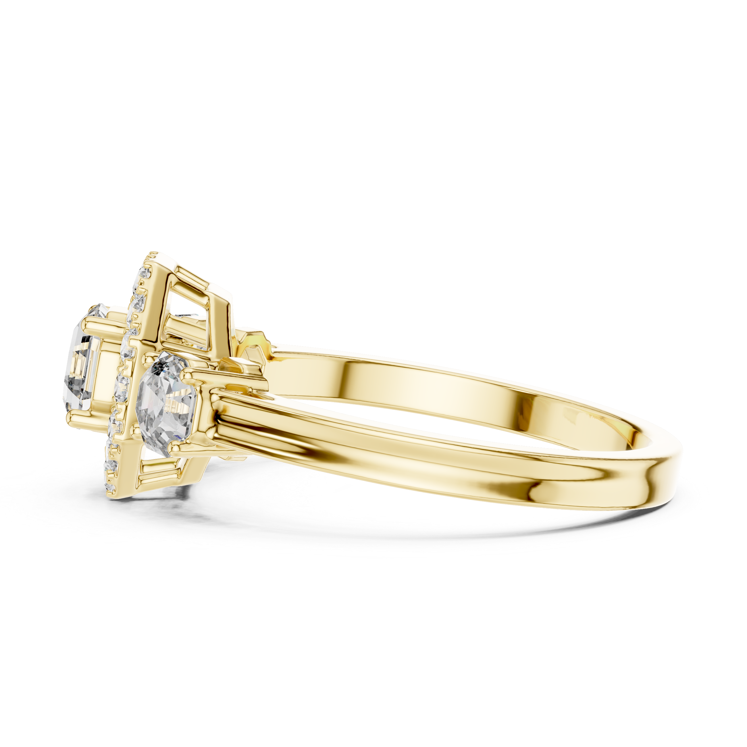 925 Silver Moissanite Three-Stone Halo Engagement Ring 14K Gold Plated