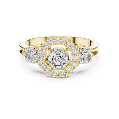 925 Silver Moissanite Three-Stone Halo Engagement Ring 14K Gold Plated