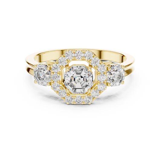 925 Silver Moissanite Three-Stone Halo Engagement Ring 14K Gold Plated
