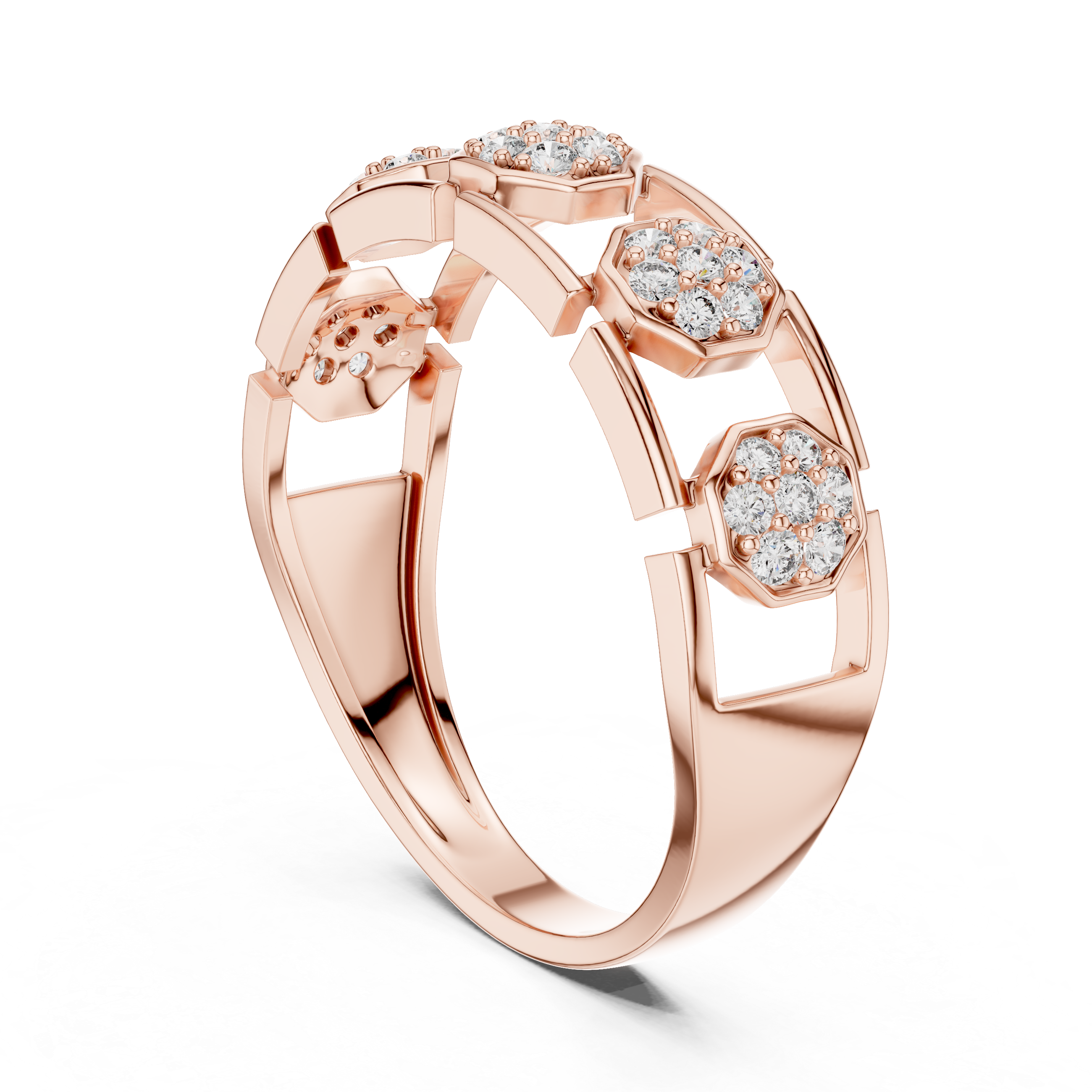 925 Silver Moissanite Hexagonal Link Openwork Cluster Band 14k Gold Plated