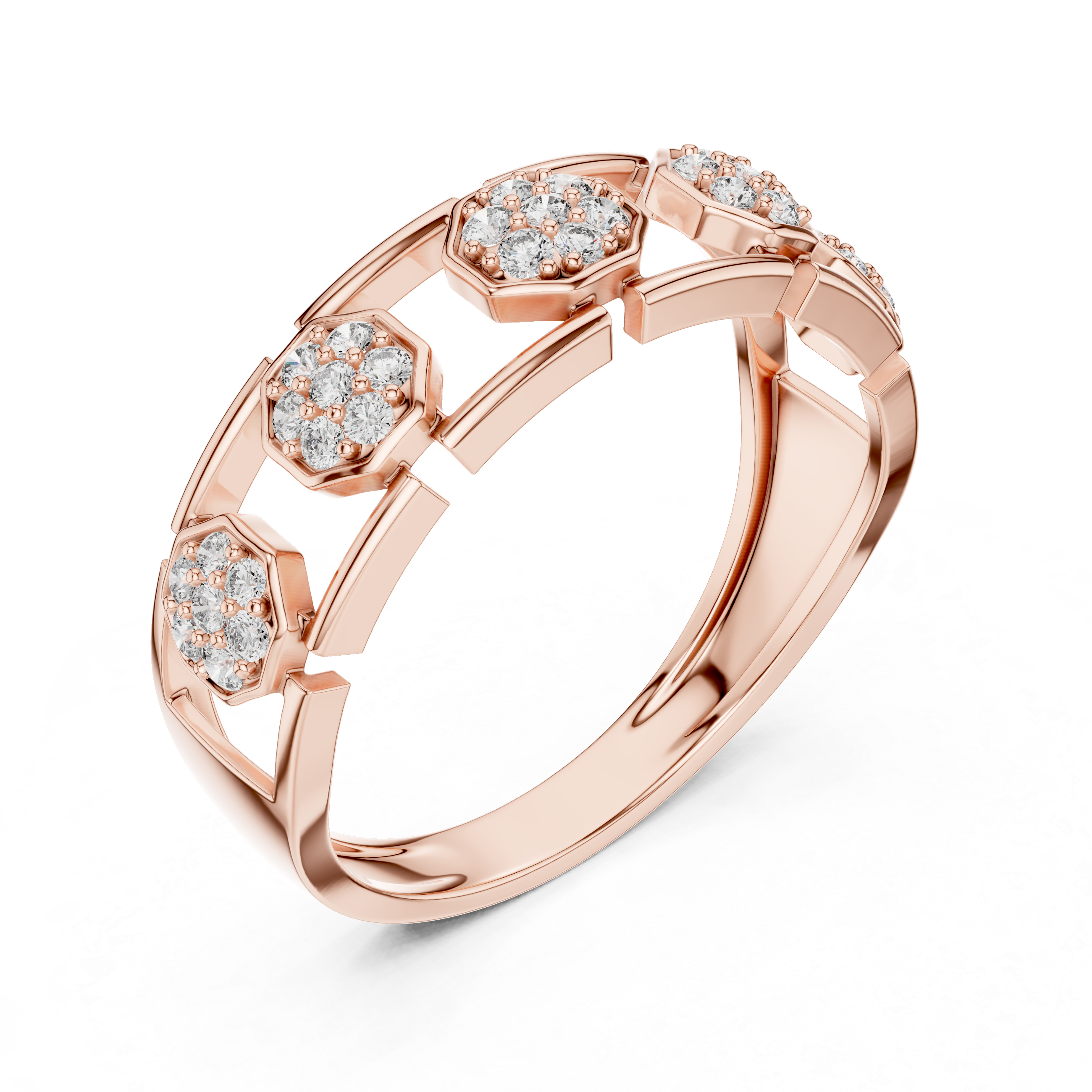 925 Silver Moissanite Hexagonal Link Openwork Cluster Band 14k Gold Plated