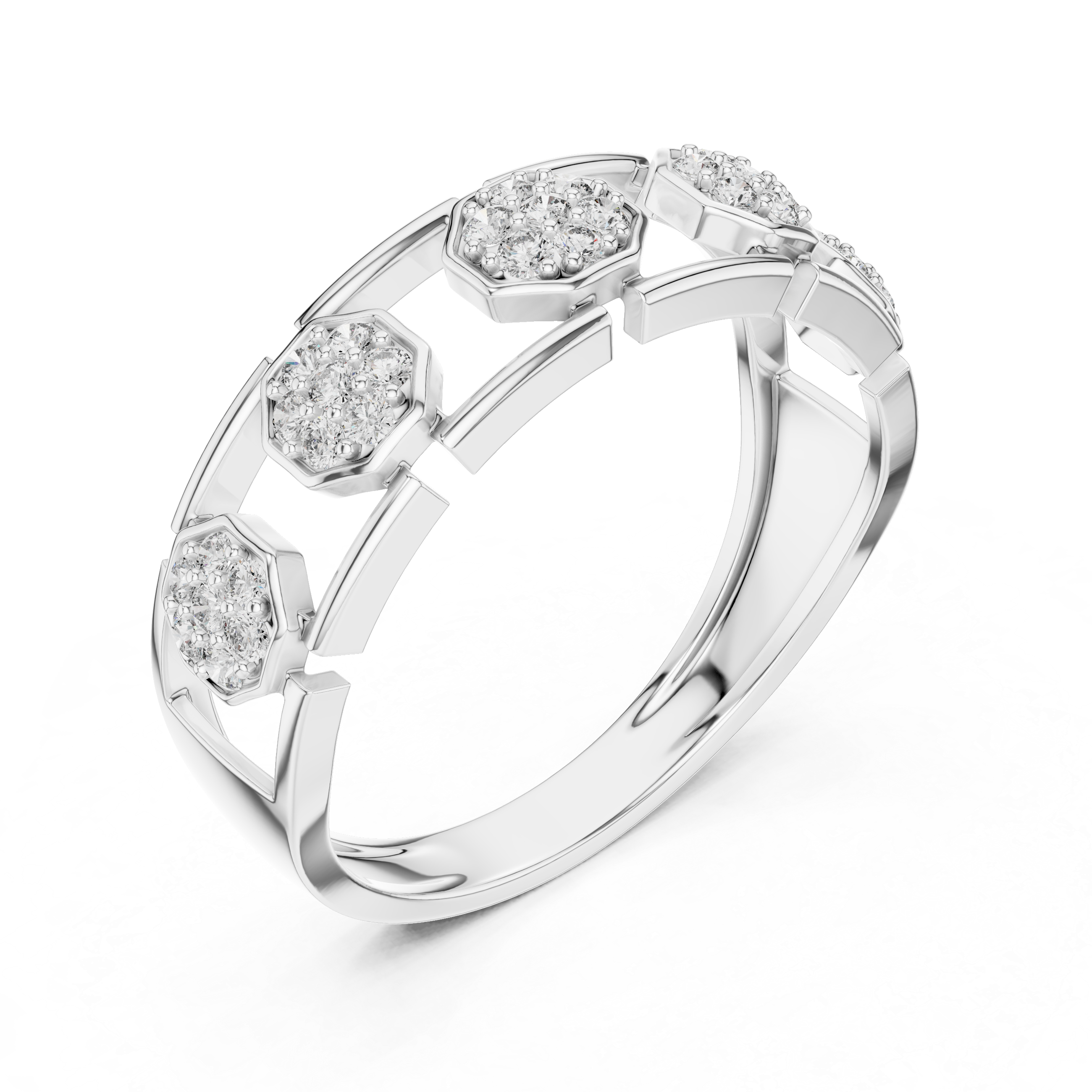 925 Silver Moissanite Hexagonal Link Openwork Cluster Band 14k Gold Plated