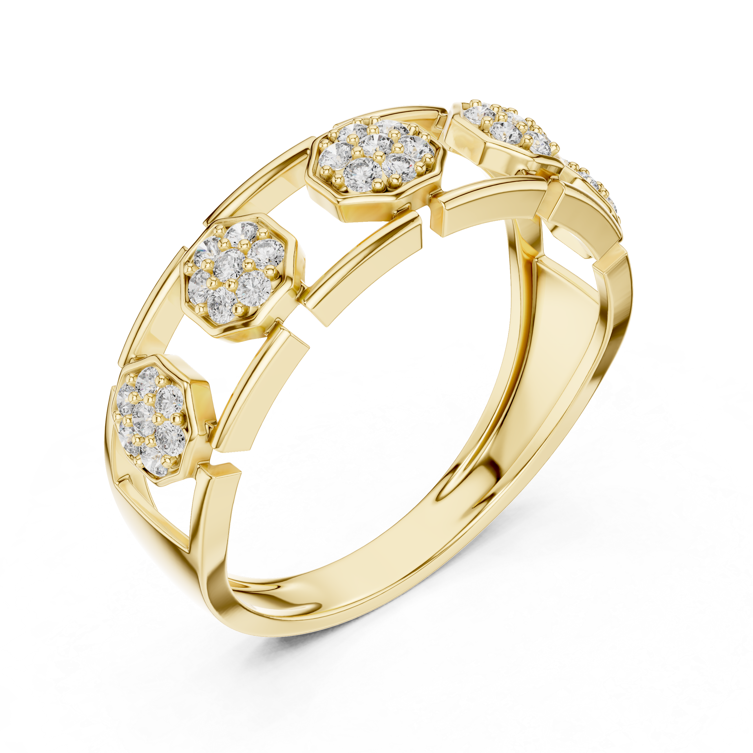 925 Silver Moissanite Hexagonal Link Openwork Cluster Band 14k Gold Plated