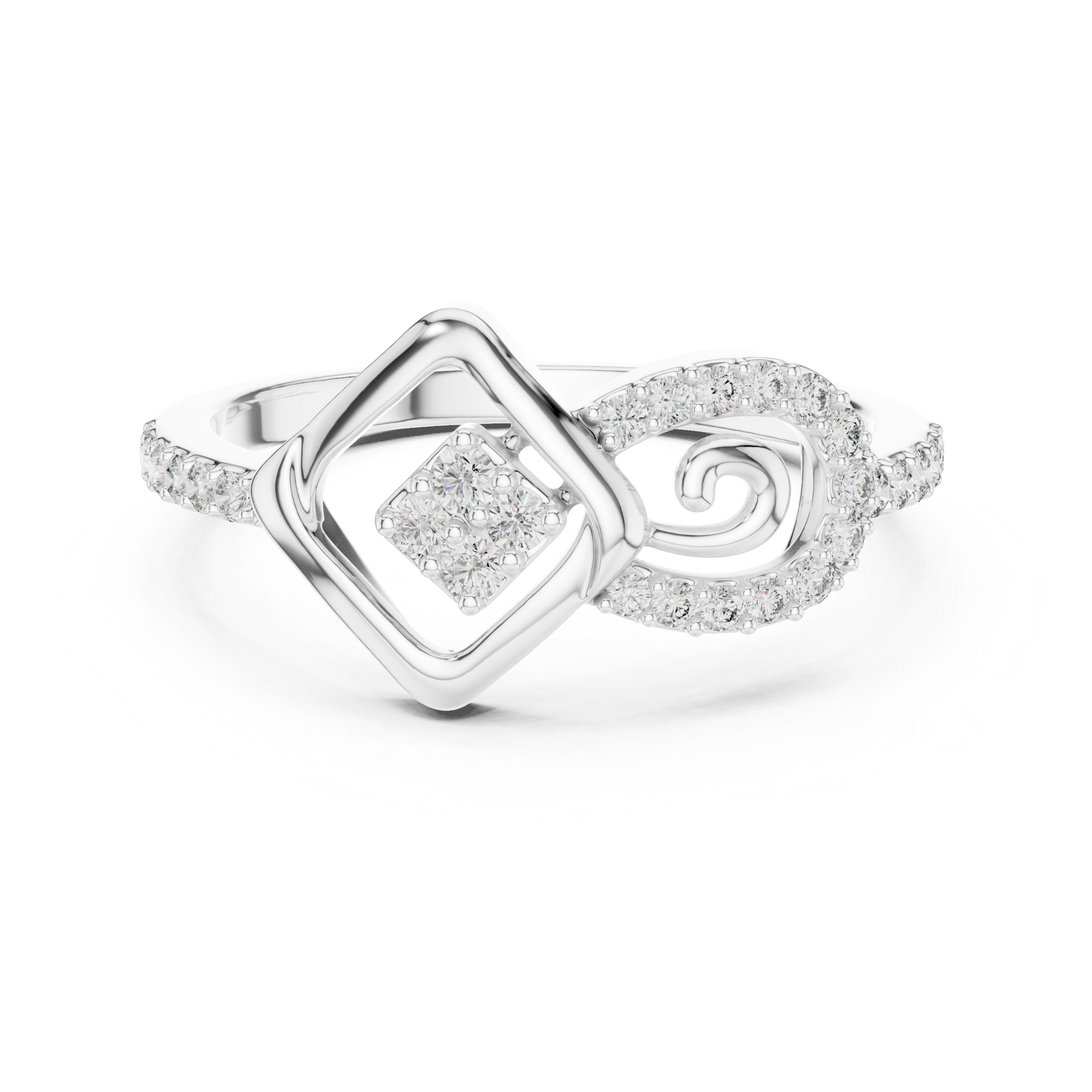925 Silver Moissanite Geometric Square And Swirl Bypass Engagement Ring