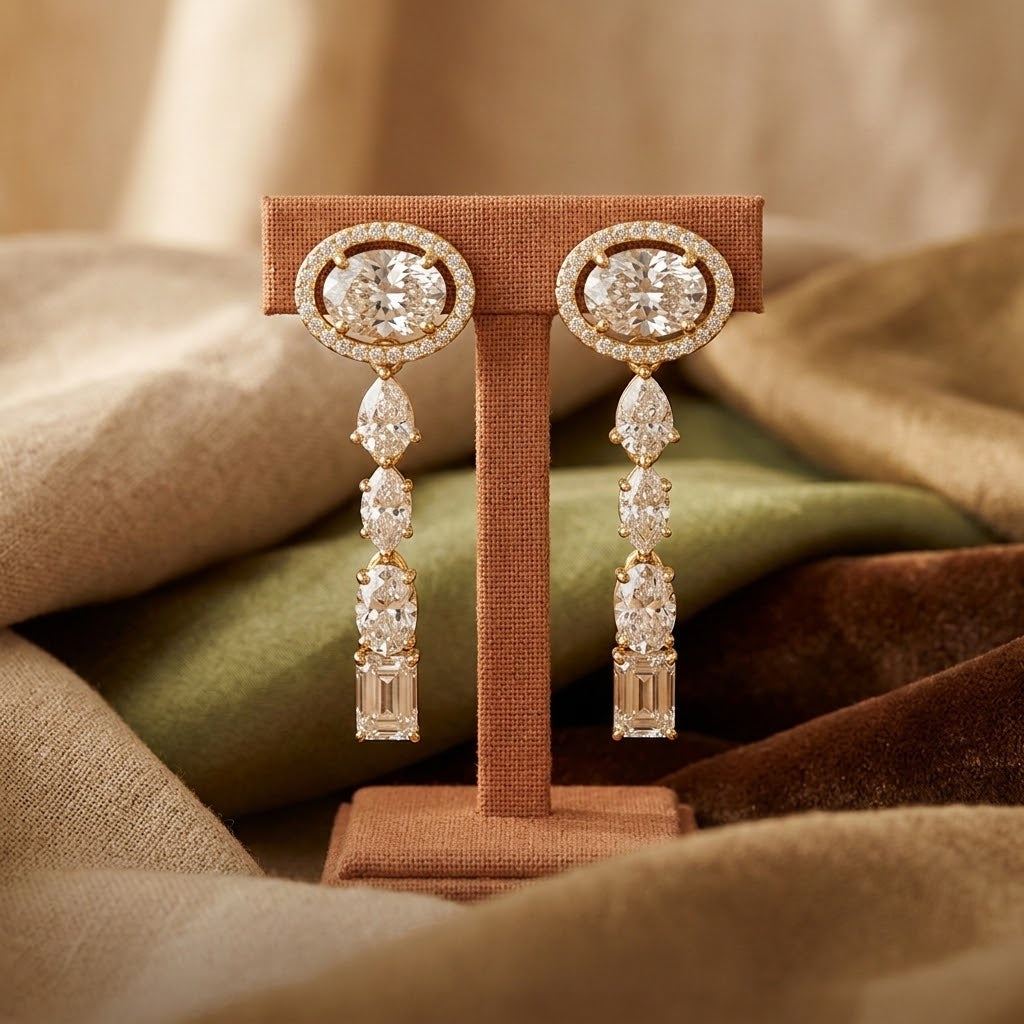 925 Sterling Silver Mixed-Cut Moissanite Linear Drop Dangle Earrings – 14K Gold Finish