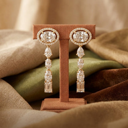 925 Sterling Silver Mixed-Cut Moissanite Linear Drop Dangle Earrings – 14K Gold Finish