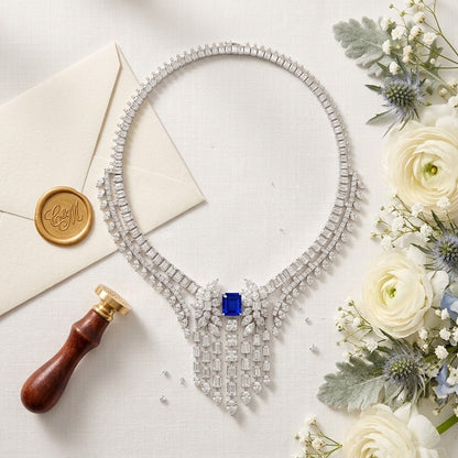 925 Silver Moissanite Art Deco / Contemporary Bridal Necklace 14k Gold Plated