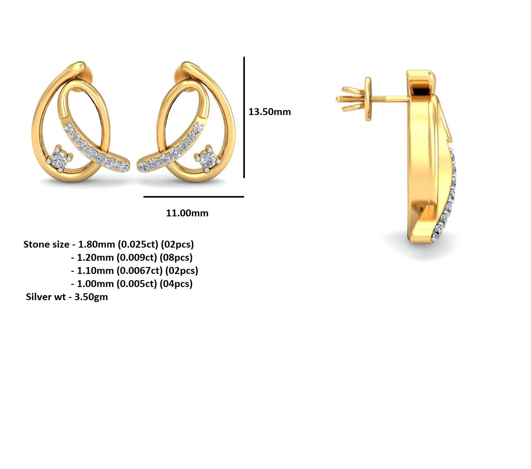 Orecchino da donna RKC in argento sterling 925 con piercing all'orecchio, rosa 14k, oltre 3,50 g, altezza 13,50 mm