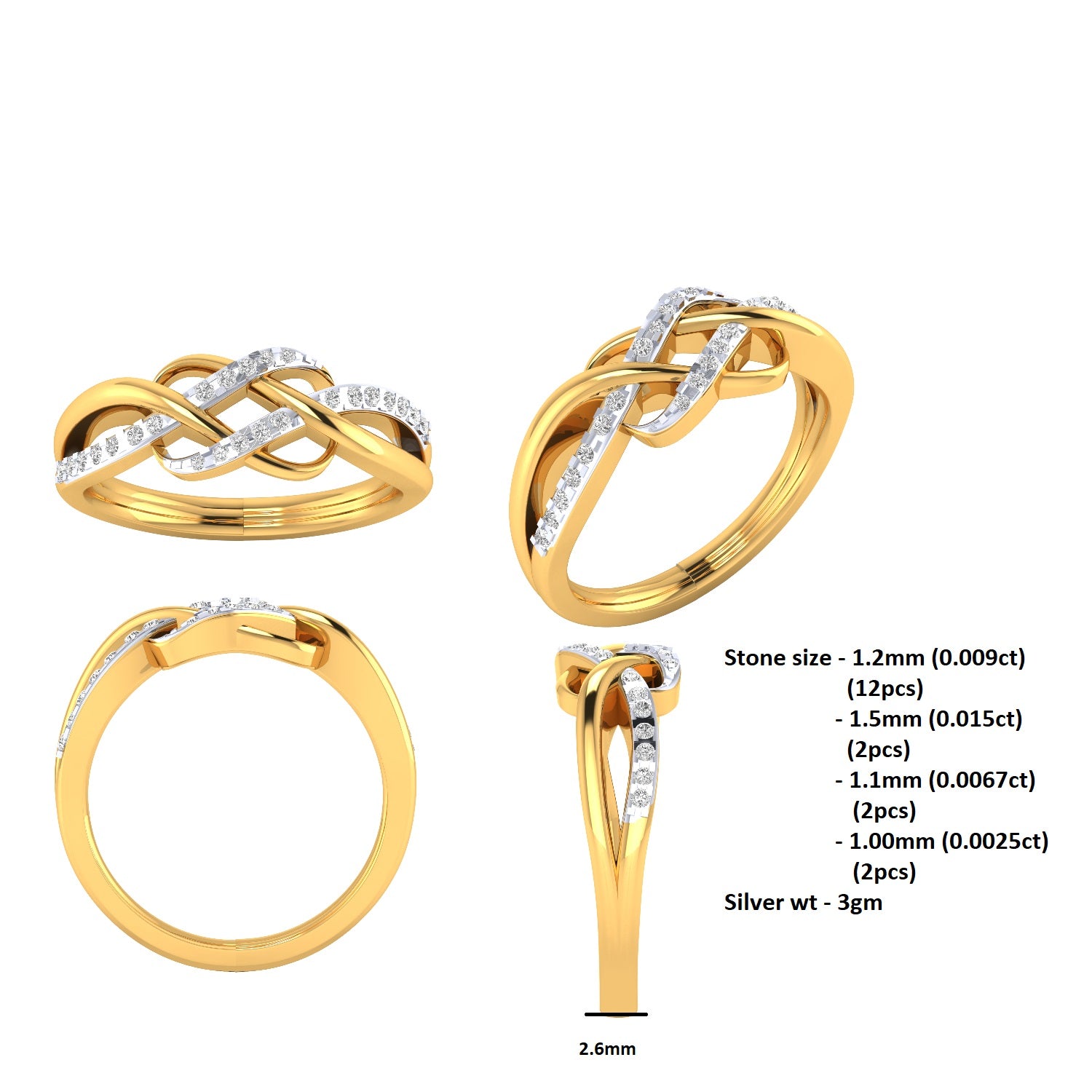 RKC 925 Silber Moissanit Infinite Love Ring 14K Gelbgold vergoldet Damenring Gewicht 3 g Breite 2,6 mm