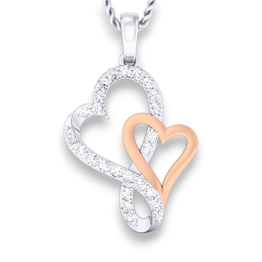 Bellissimo ciondolo a doppio cuore con moissanite in argento RKC da 0,34 ct, finitura in oro bianco 14 carati, peso 3,5 g, altezza 19,63 mm.