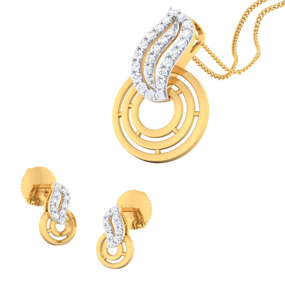 RKC Wunderschönes, glänzendes goldenes 0,42-Karat-Moissanit-Anhänger-Ohrring-Set mit 14-Karat-Gelbgold-Finish, Gewicht 10 g
