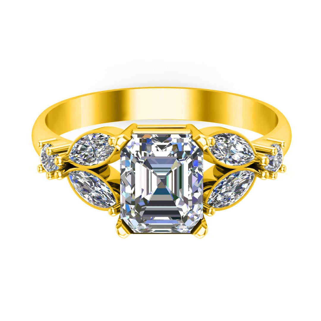 RKC Damen-Verlobungsring mit Moissanit-Smaragdschliff, 925er Sterlingsilber, 14 Karat Gelbgold vergoldet, Gewicht 4 g, Breite 3 mm