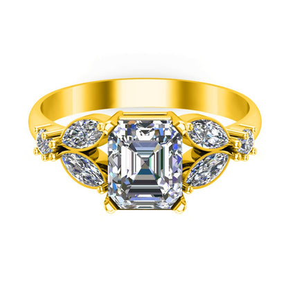 RKC Damen-Verlobungsring mit Moissanit-Smaragdschliff, 925er Sterlingsilber, 14 Karat Gelbgold vergoldet, Gewicht 4 g, Breite 3 mm