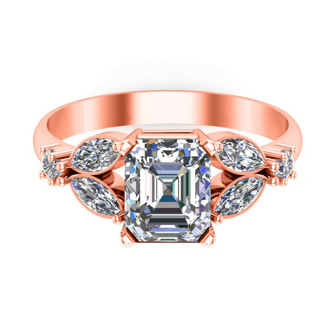 RKC Damen-Verlobungsring mit Moissanit-Smaragdschliff, 925er Sterlingsilber, 14 Karat Gelbgold vergoldet, Gewicht 4 g, Breite 3 mm