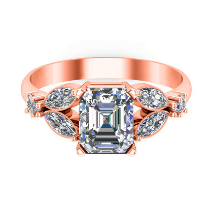 RKC Damen-Verlobungsring mit Moissanit-Smaragdschliff, 925er Sterlingsilber, 14 Karat Gelbgold vergoldet, Gewicht 4 g, Breite 3 mm