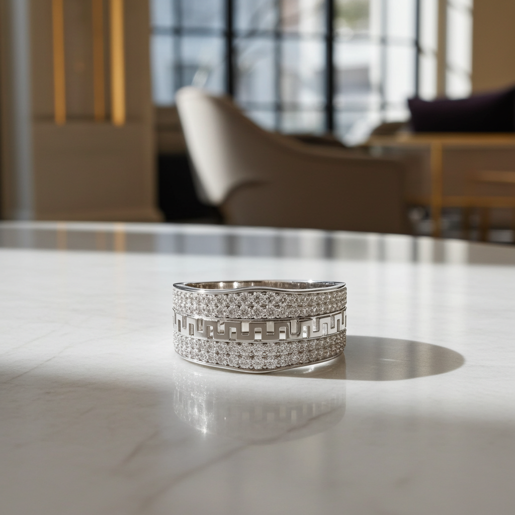 925 Silver Moissanite  Greek Key Pavé Meander Band 14k Gold Plated