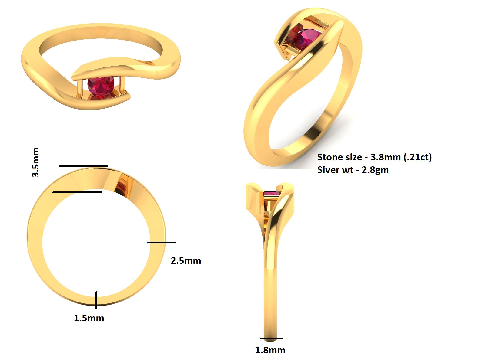 RKC Damen-Bypass-Ring, rund, CZ, roter Rubin, 14 Karat Gelbgold plattiert, 925er Sterlingsilber, Gewicht 2,8 g, Breite 1,8 mm