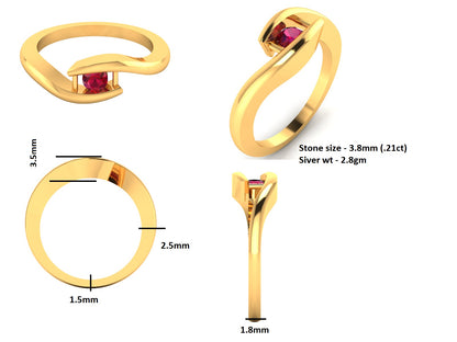 RKC Damen-Bypass-Ring, rund, CZ, roter Rubin, 14 Karat Gelbgold plattiert, 925er Sterlingsilber, Gewicht 2,8 g, Breite 1,8 mm