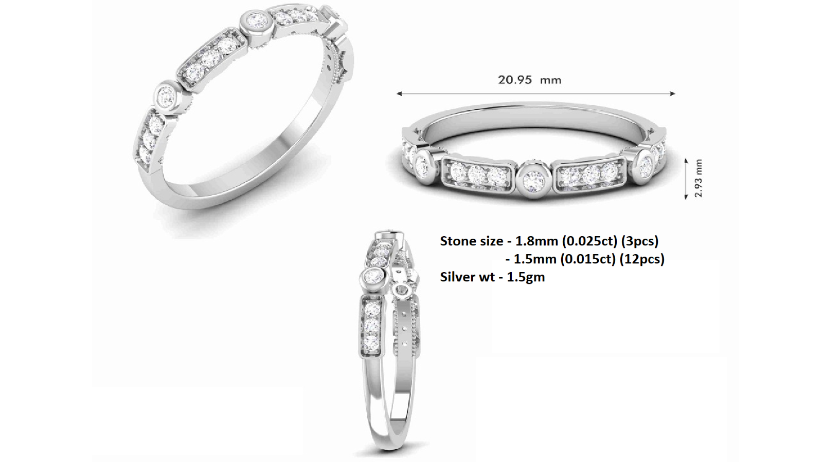 RKC Damen-Ehering aus 925er-Sterlingsilber, rund, Moissanit, 14 Karat Weißgold plattiert, halbe Ewigkeit, Gewicht: 1,5 g, Breite: 2,93 mm